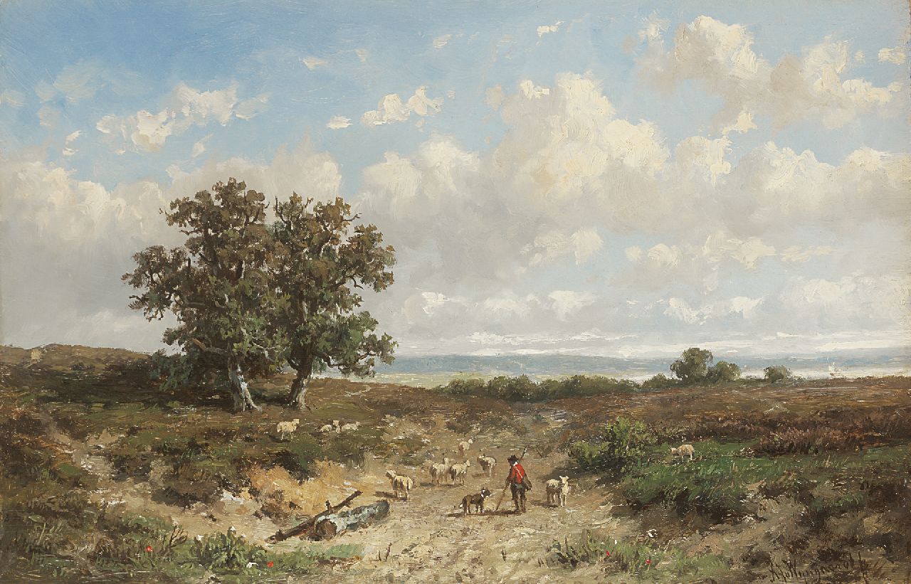 Wijngaerdt A.J. van | Anthonie Jacobus van Wijngaerdt, A shepherd and flock, oil on panel 23.5 x 36.0 cm, signed l.r.