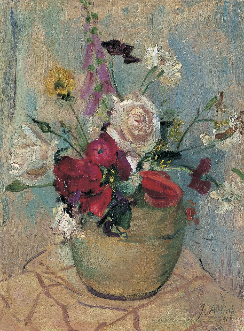 Altink J.  | Jan Altink, A colourful bouquet in a vase, oil on canvas 40.8 x 30.5 cm, signed l.r. and dated '43