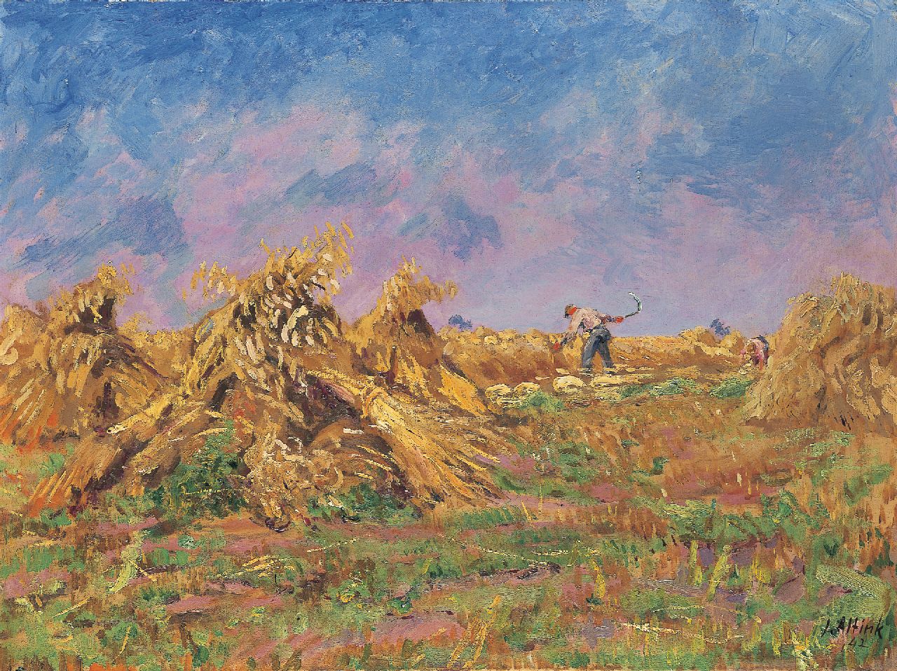Altink J.  | Jan Altink, Harvesting farmer, oil on canvas 59.9 x 80.2 cm, signed signed l.r. and dated '42
