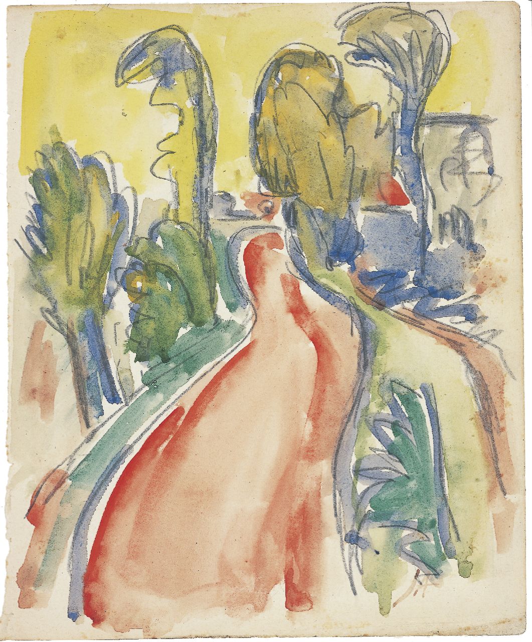 Altink J.  | Jan Altink, A red road, pencil and watercolour on paper 20.7 x 17.0 cm, signed l.r. with initials and painted between 1925-1930