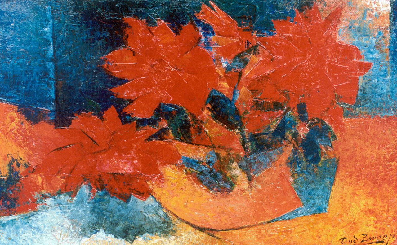 Zweep D.J. van der | 'Douwe' Jan van der Zweep, Red flowers in a bowl, oil on canvas 36.2 x 56.2 cm, signed l.r.