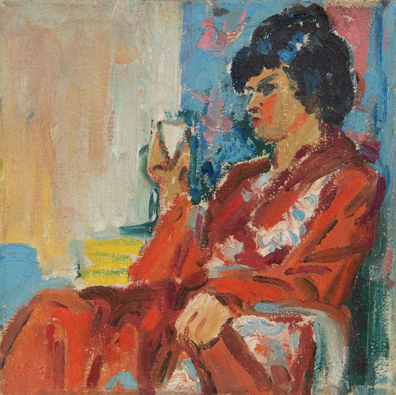 Dijkstra J.  | Johannes 'Johan' Dijkstra | Paintings offered for sale | Elegant lady resting in a chair, wax paint on canvas 25.2 x 25.2 cm, eind jaren '20