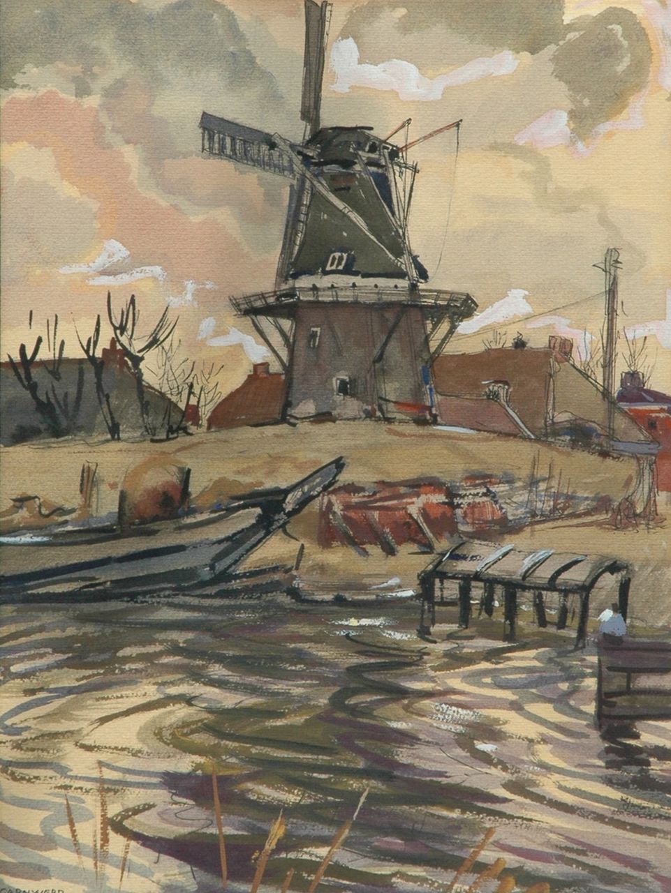 Vries J. de | Jannes de Vries, Windmill in Garnwerd, East Indian ink and gouache on paper 49.2 x 37.5 cm, signed l.l. with monogram and dated 27-3-'54