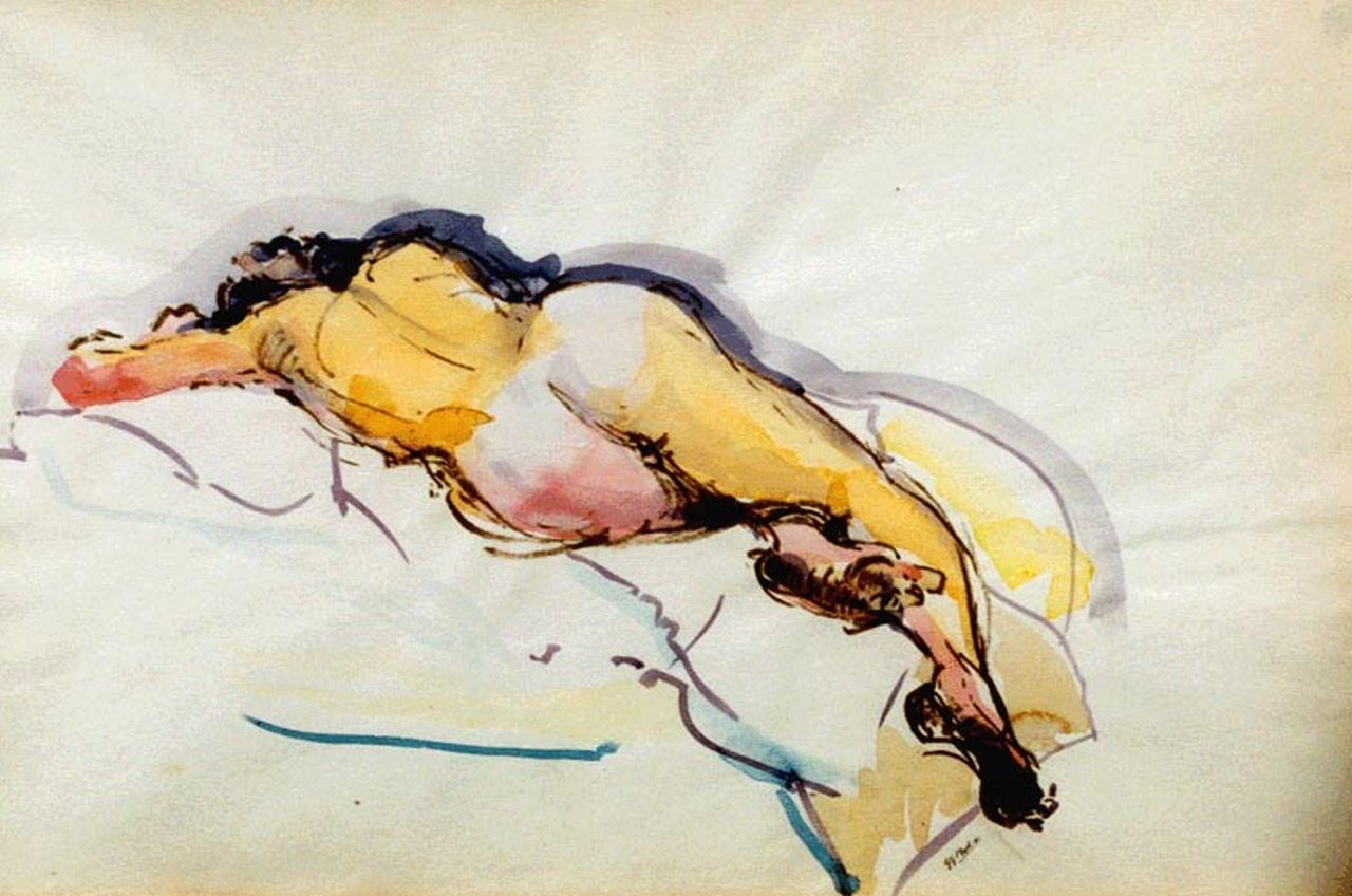 Martens G.G.  | Gijsbert 'George' Martens, A reclining nude, watercolour on paper 32.5 x 49.0 cm, signed l.r.