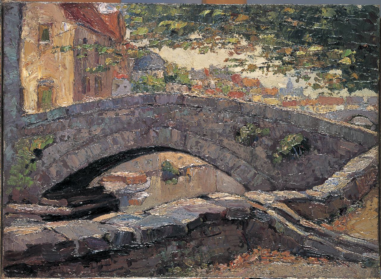Raphael J.  | Joseph Raphael, The bridge over the Mee in Bruges, oil on canvas 24.5 x 33.5 cm, signed traces of signature; verso in full and dated 1932 on the reverse