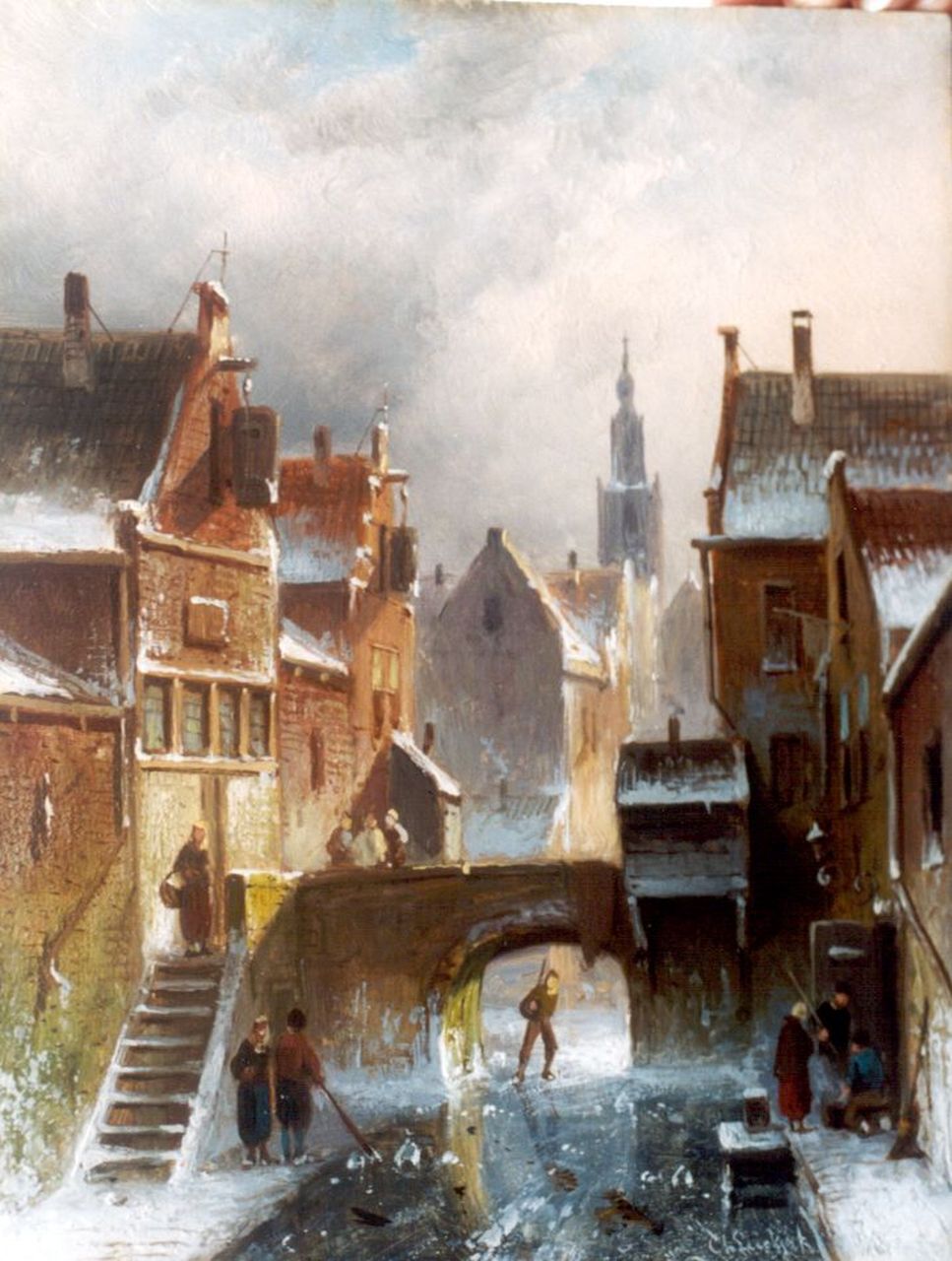 Leickert C.H.J.  | 'Charles' Henri Joseph Leickert, A frozen waterway, oil on panel 24.1 x 18.6 cm, signed l.r.