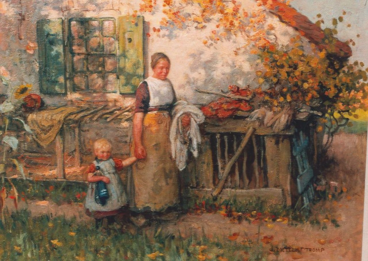 Zoetelief Tromp J.  | Johannes 'Jan' Zoetelief Tromp, A farmer's wife with child in the garden, oil on canvas 41.5 x 55.4 cm, signed l.r.