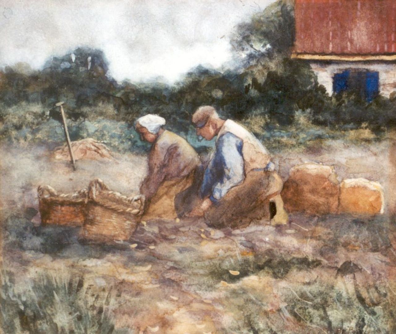 Polvliet B.J.A.  | 'Barend' Jan Abraham Polvliet, Digging up potatoes, watercolour on paper 25.5 x 29.0 cm, signed l.r.