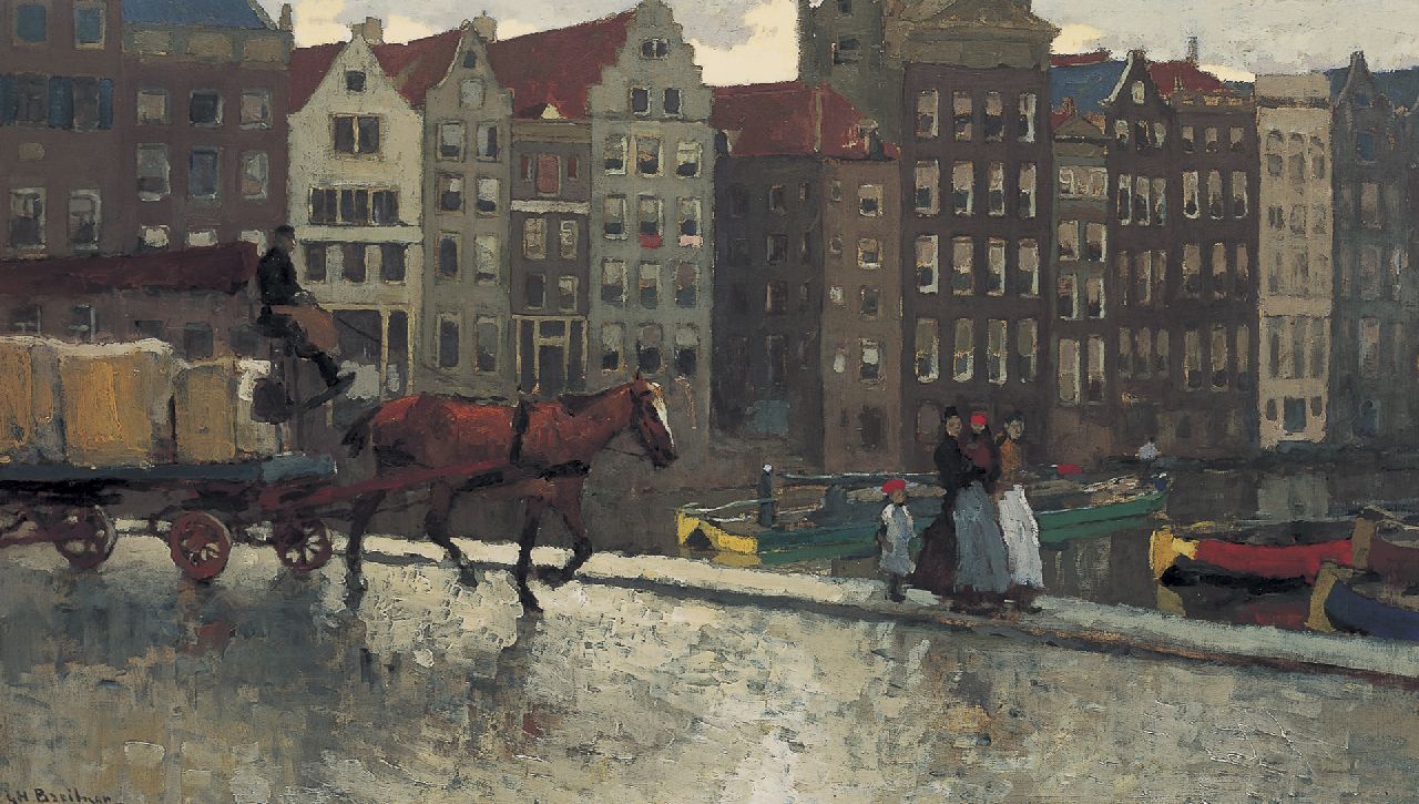 Breitner G.H.  | George Hendrik Breitner, A horsecar on the Nieuwe Brug, Damrak, oil on canvas 52.3 x 92.3 cm, signed l.l.