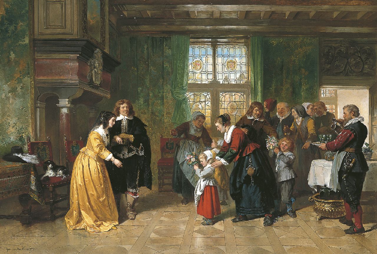 Kate H.F.C. ten | 'Herman' Frederik Carel ten Kate, Een bezoek aan de heer des huizes en zijn echtgenote, oil on panel 59.0 x 85.5 cm, gesigneerd linksonder