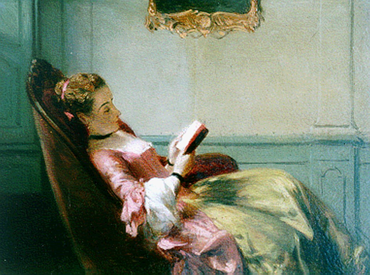 Bles D.J.  | David Joseph Bles, An elegant lady reading, oil on panel 12.5 x 16.5 cm, signed l.l.