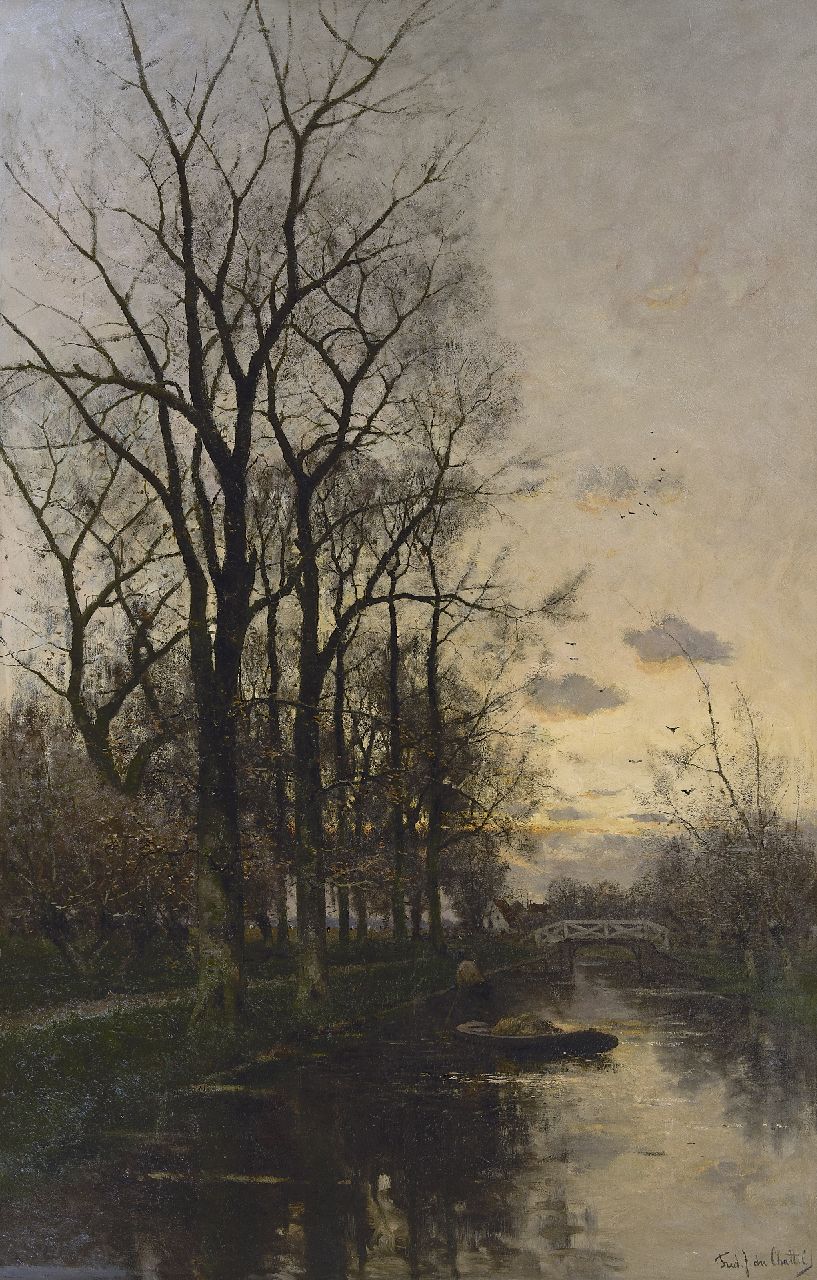 Rossum du Chattel F.J. van | Fredericus Jacobus van Rossum du Chattel, A gardeners barge on a river at sunset, oil on canvas 140.6 x 90.4 cm, signed l.r.