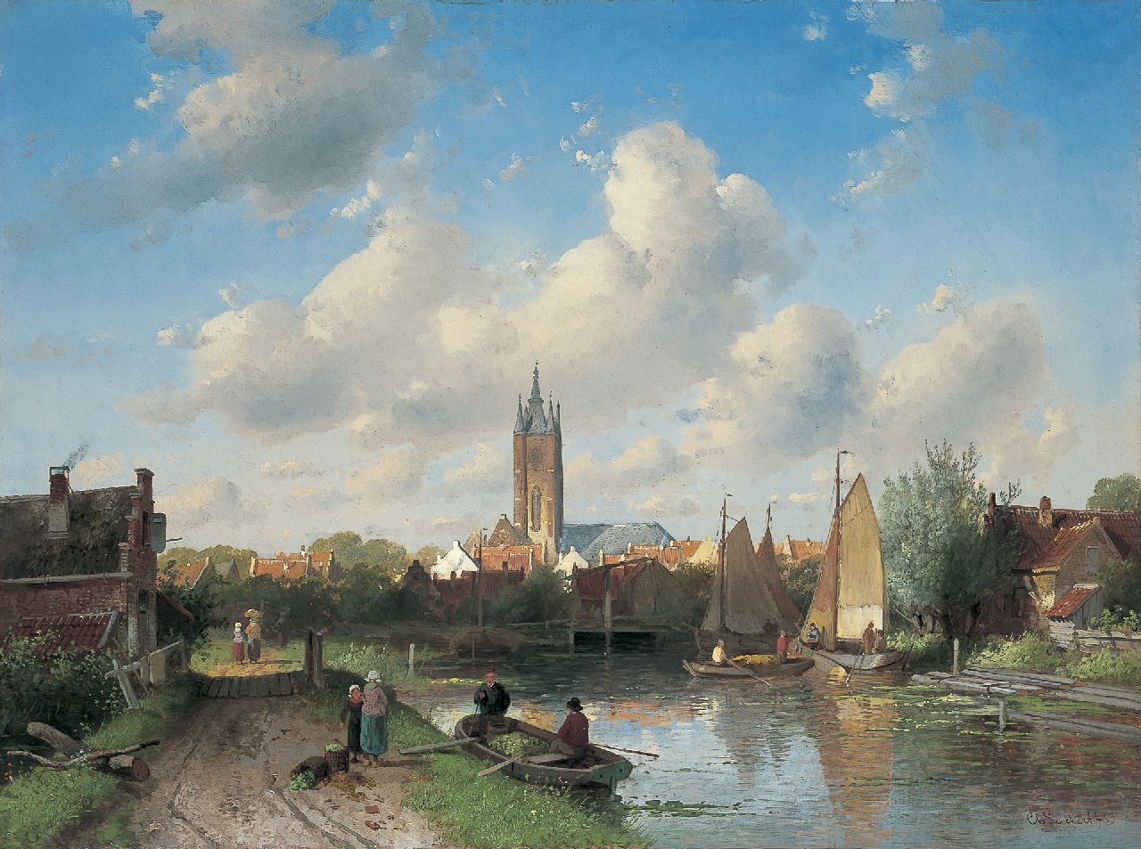 Leickert C.H.J.  | 'Charles' Henri Joseph Leickert, A river landscape in summer, with a town beyond, oil on panel 41.6 x 56.2 cm, signed l.r. and dated '72