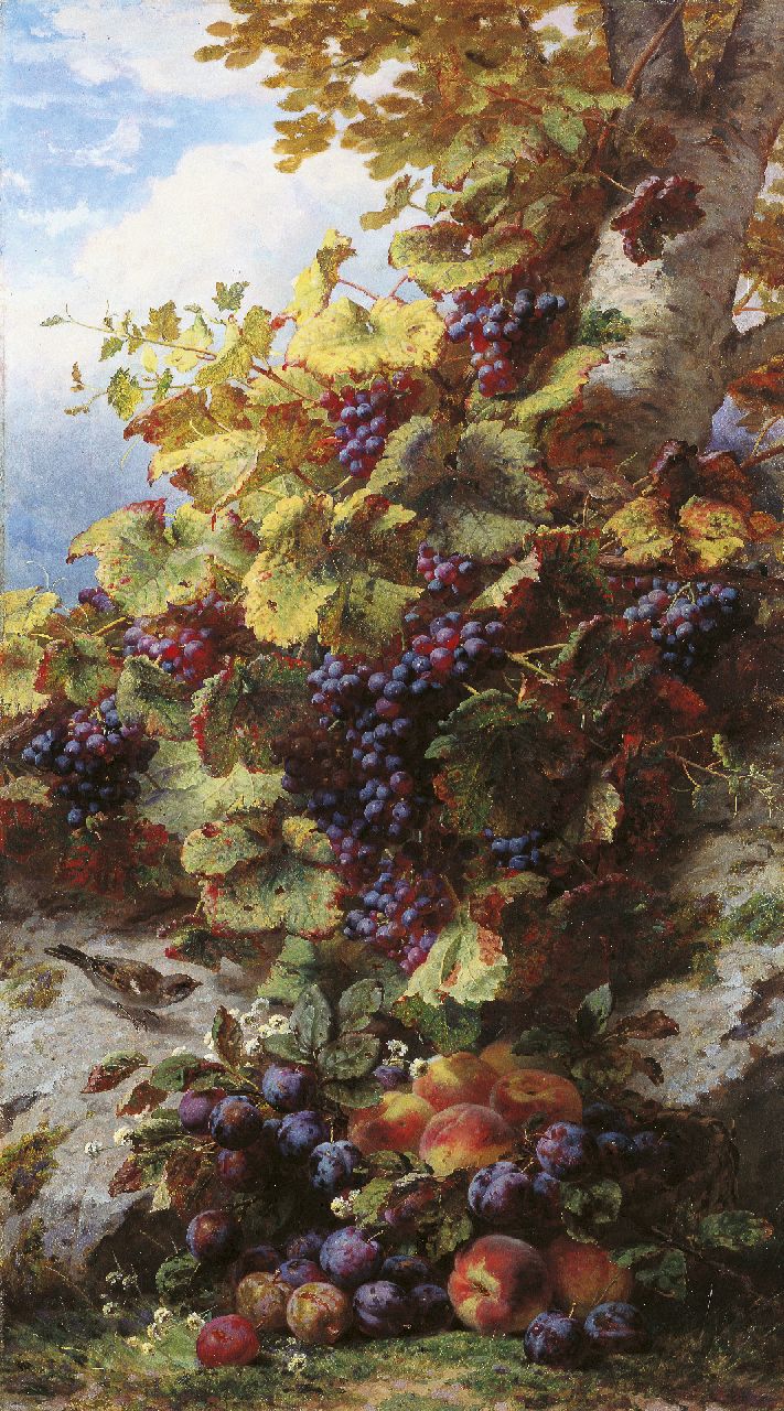 Robie J.B.  | Jean-Baptiste Robie, A still life of grapes, peaches, prunes and a sparrow, oil on panel 135.0 x 75.0 cm, signed l.r.