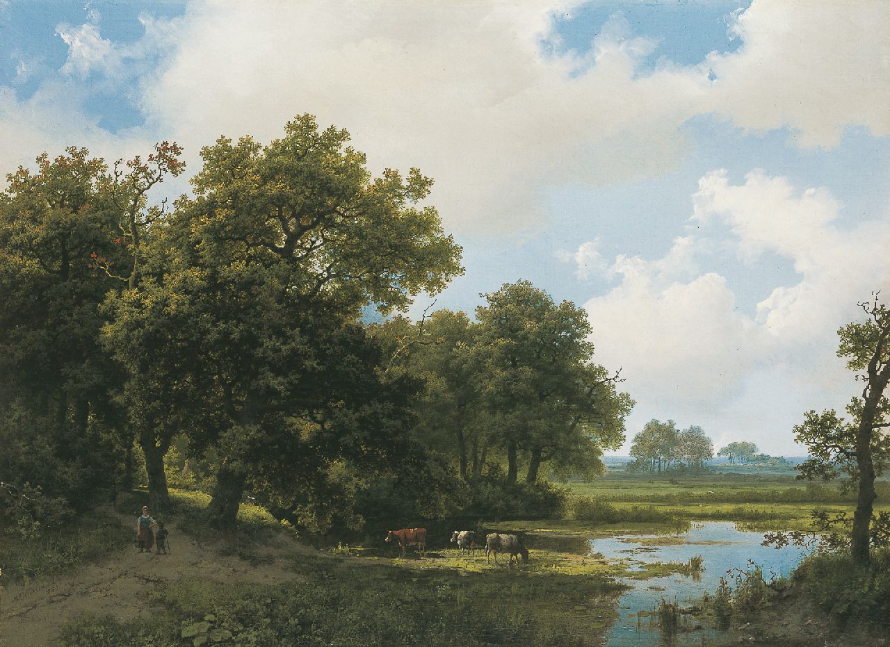 Koekkoek I M.A.  | Marinus Adrianus Koekkoek I, Cows in a summer landscape, oil on canvas 46.0 x 62.8 cm, signed l.l. and dated 1854
