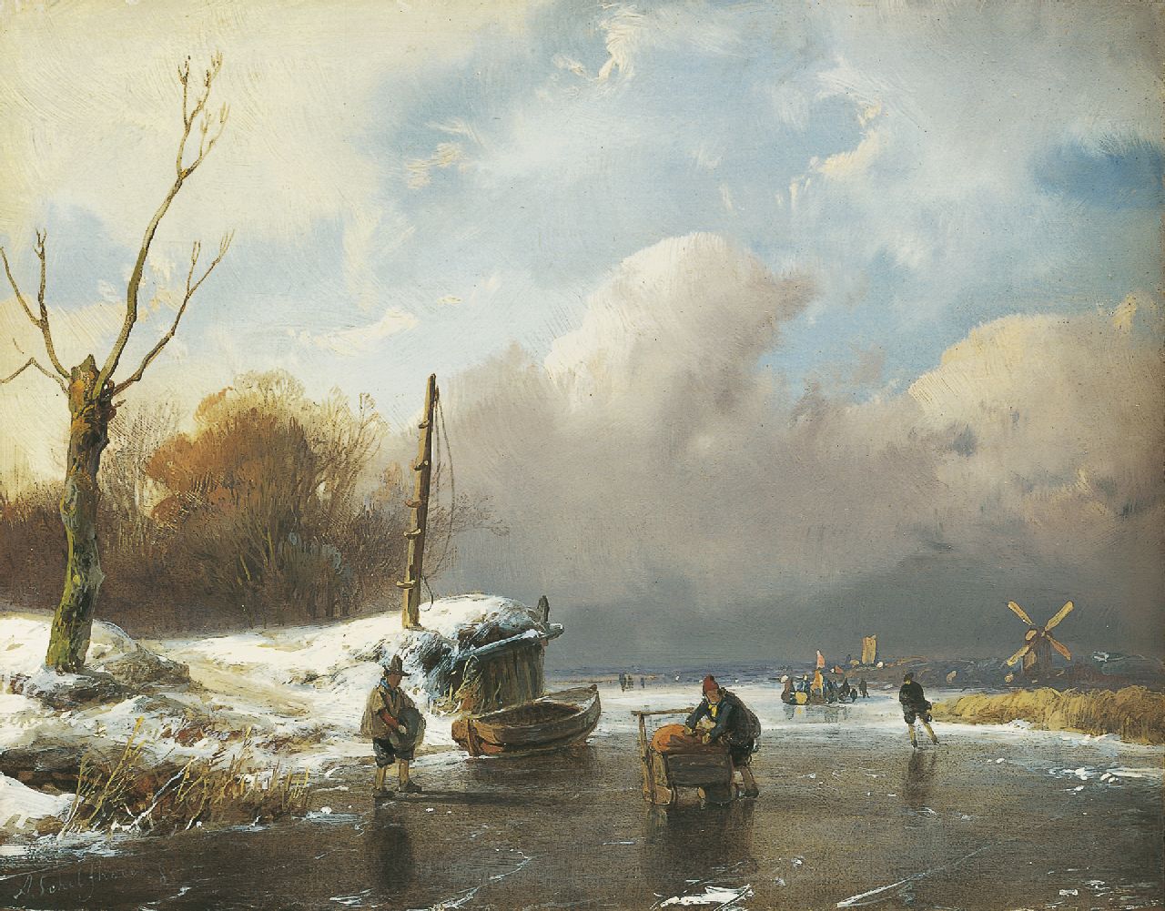 Schelfhout A.  | Andreas Schelfhout, Skaters on a frozen river, oil on panel 14.6 x 18.8 cm, signed l.l.
