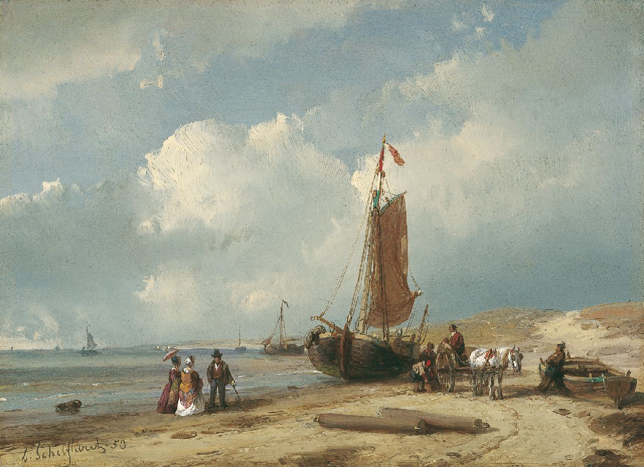 Schelfhout A.  | Andreas Schelfhout, An elegant company on the beach, oil on panel 13.5 x 18.6 cm, signed l.l. and dated '53