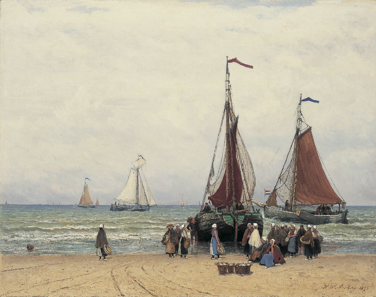 Mesdag H.W.  | Hendrik Willem Mesdag, Fisherfolk and 'bomschuiten' on the beach of Scheveningen, oil on canvas 69.5 x 88.3 cm, signed l.r. and dated 1872