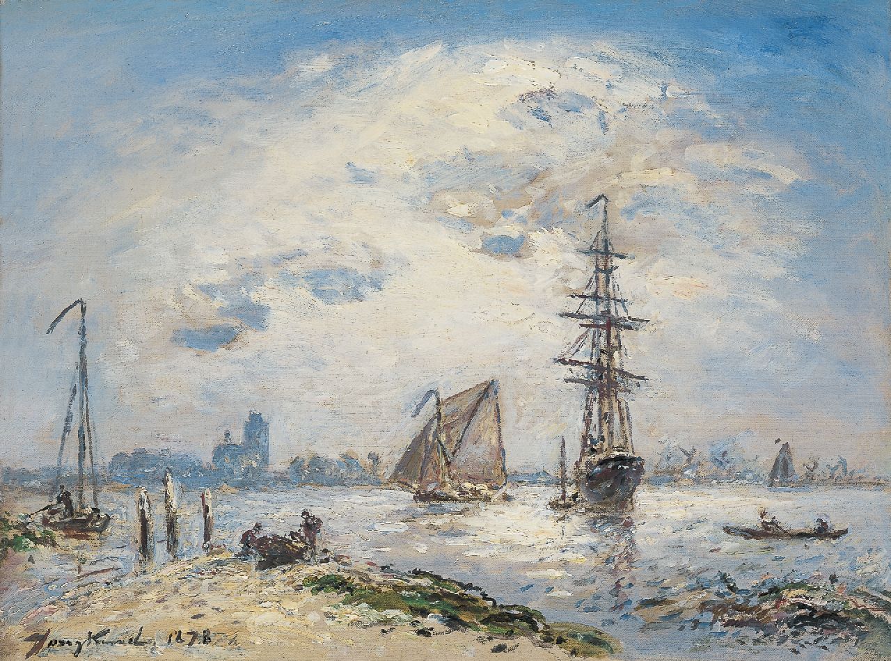 Jongkind J.B.  | Johan Barthold Jongkind, Shipping on the Oude Maas, Dordrecht, oil on canvas 24.5 x 32.3 cm, signed l.l. and dated 1878