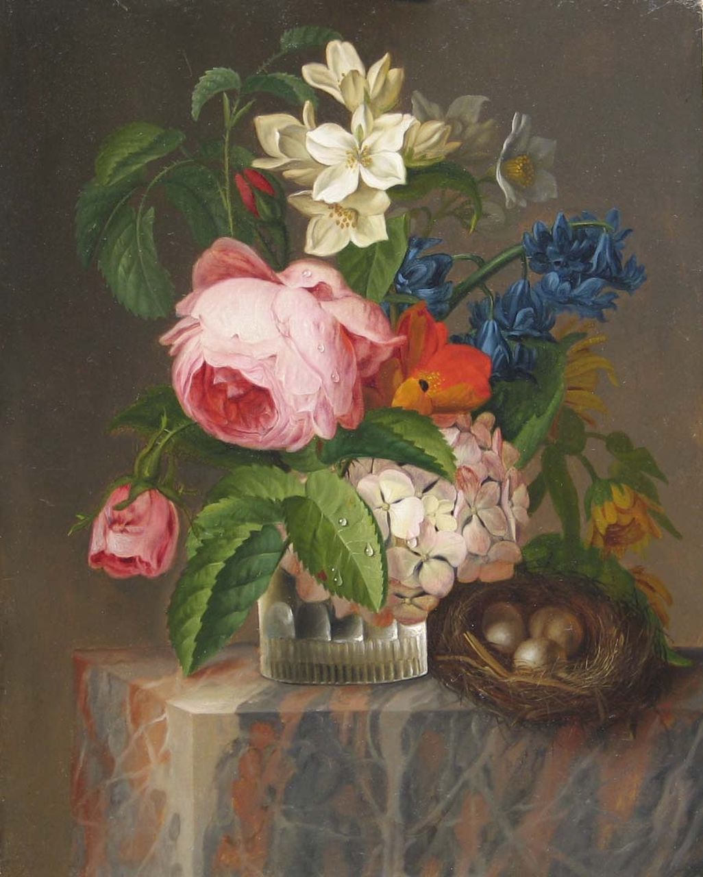 Jean-Baptiste Berré (toegeschreven aan) | A flower still life with a birds nest on a marble table, oil on panel, 34.0 x 27.2 cm