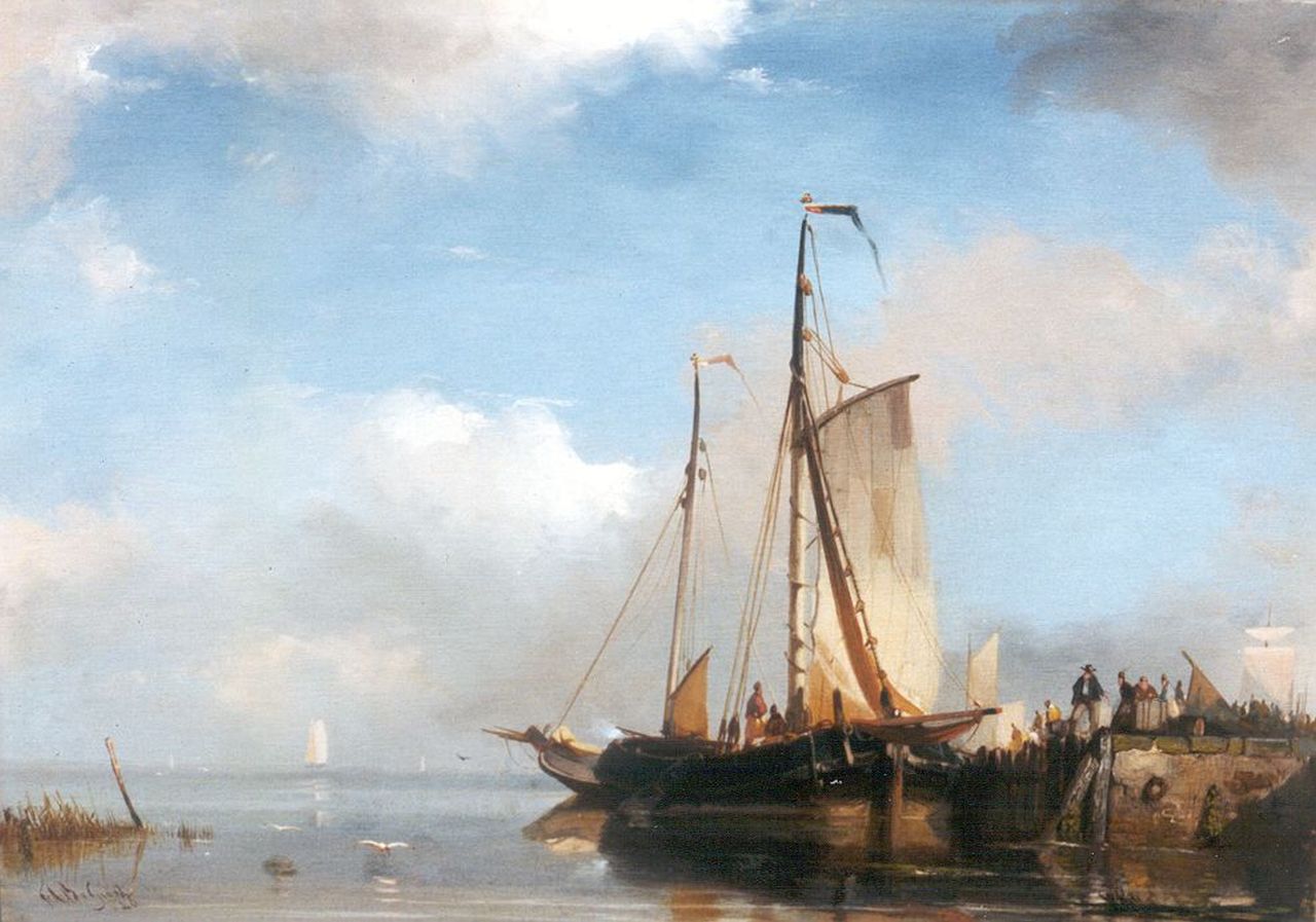 Breuhaus de Groot F.A.  | Frans Arnold Breuhaus de Groot, Moored boats, figures on a quay, oil on panel 24.8 x 33.9 cm, signed l.l. and dated '46