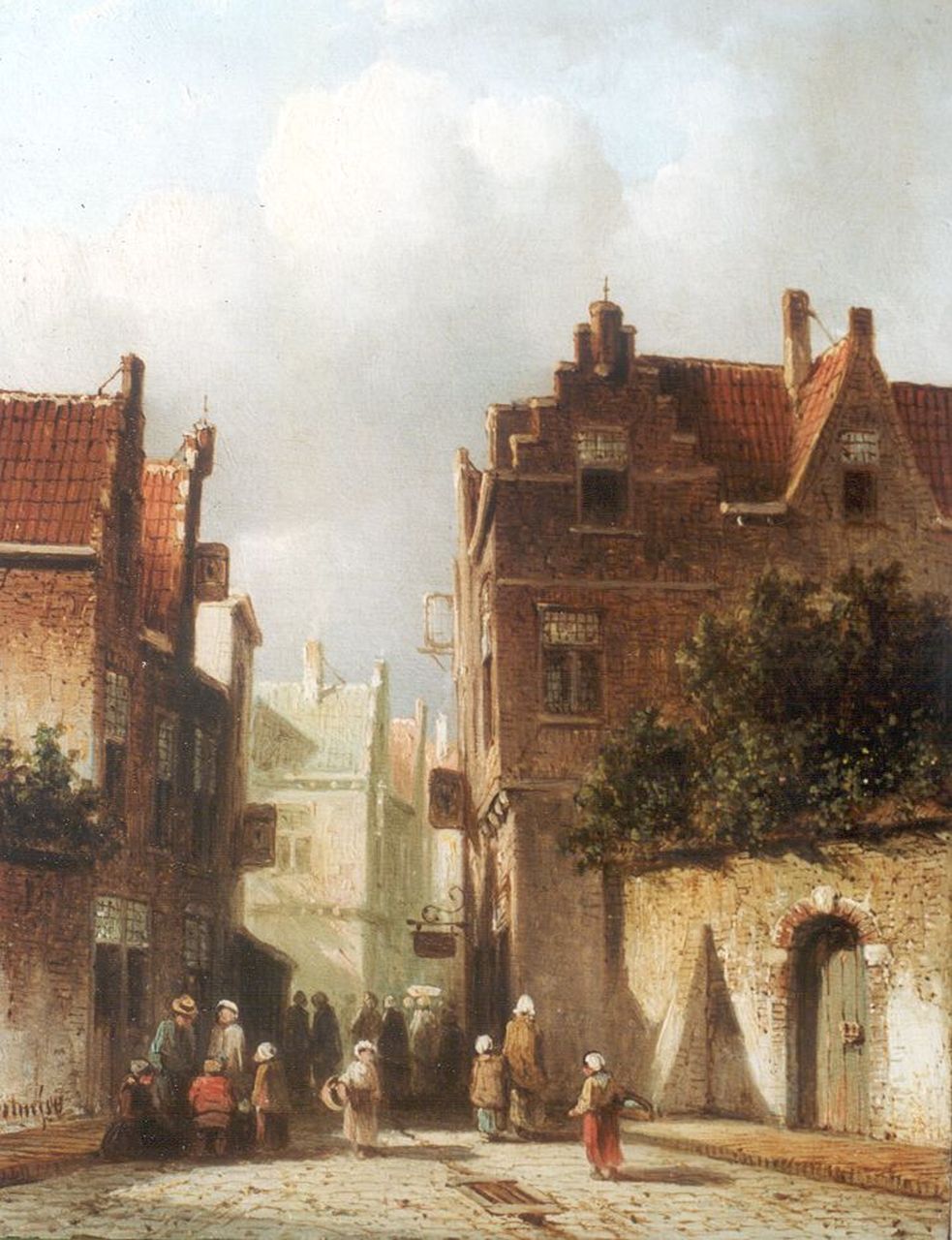 Vertin P.G.  | Petrus Gerardus Vertin, A Dutch town with figures in a street, oil on panel 21.0 x 16.3 cm, signed l.l. and dated '58