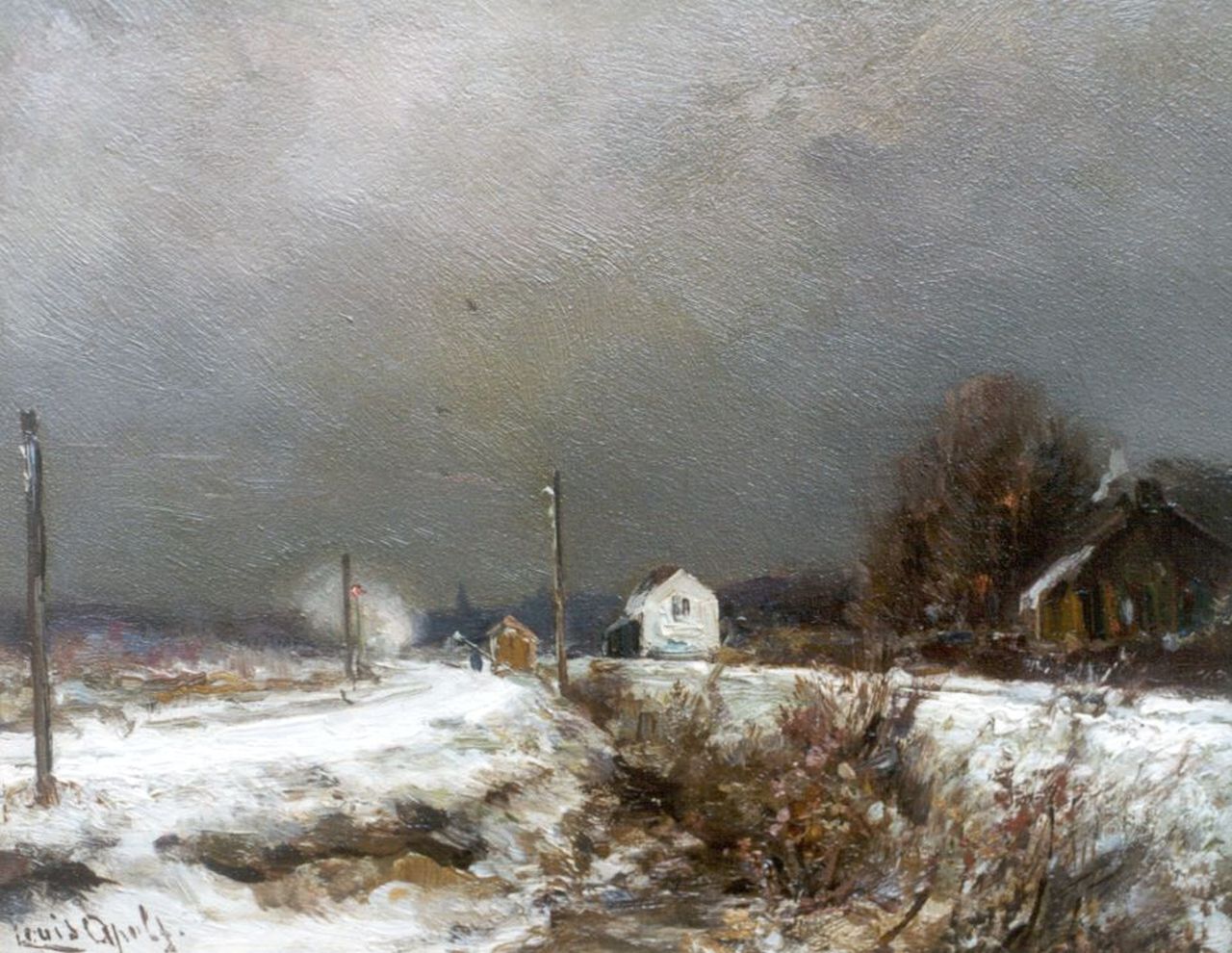 Apol L.F.H.  | Lodewijk Franciscus Hendrik 'Louis' Apol, A snow-covered landscape with approching stream train, oil on panel 17.6 x 22.0 cm, signed l.l.