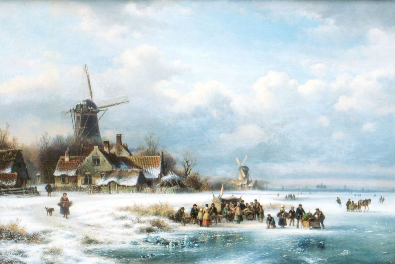 Kleijn L.J.  | Lodewijk Johannes Kleijn, Daily activities on a frozen waterway, oil on canvas 49.1 x 71.9 cm, signed l.l.