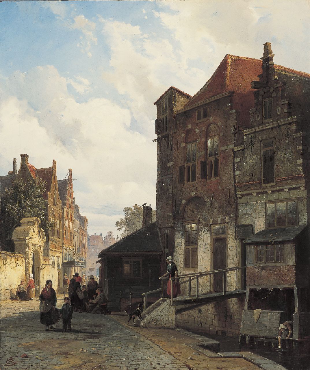 Springer C.  | Cornelis Springer, Daily activities in a Dutch town, oil on panel 41.1 x 34.5 cm, signed l.l. with monogram and dated '51