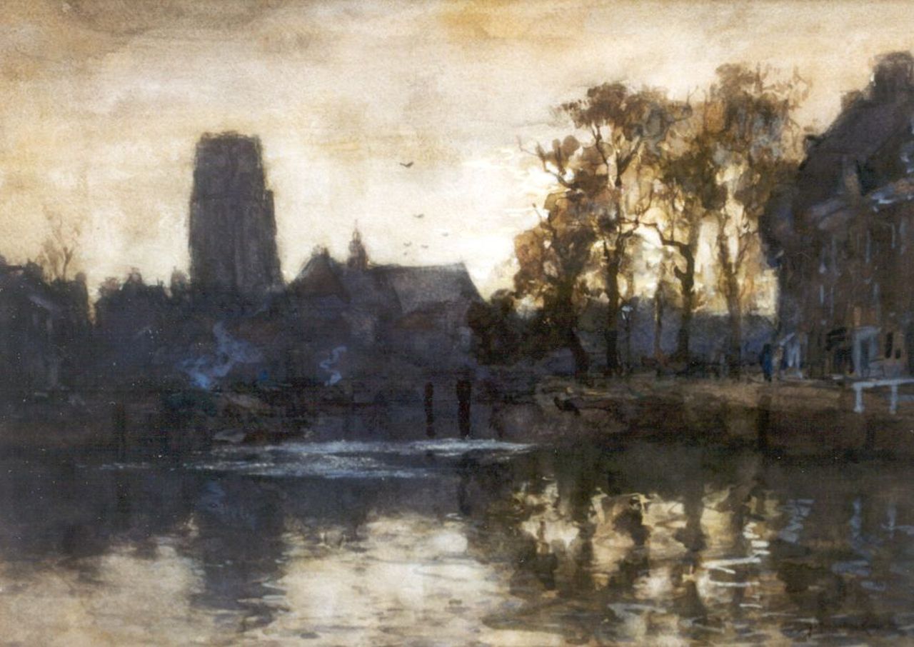 Mastenbroek J.H. van | Johan Hendrik van Mastenbroek, Evening twilight, St. Laurenskerk, Rotterdam, watercolour on paper 37.0 x 51.0 cm, signed l.r. and on the reverse and dated 1906