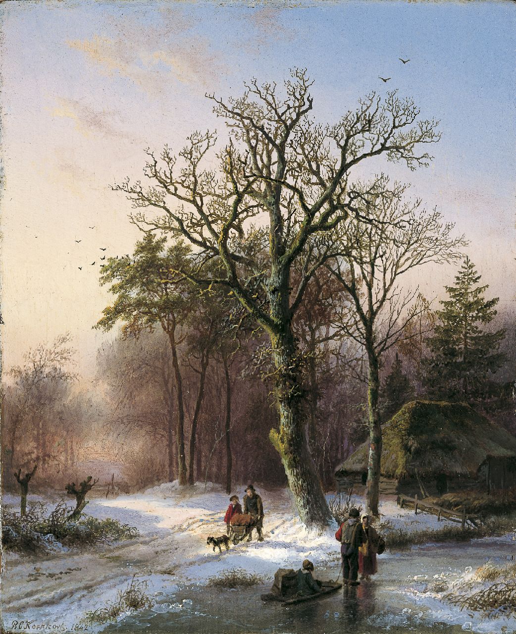 Koekkoek B.C.  | Barend Cornelis Koekkoek, A winter landscape with figures on the ice, oil on panel 19.1 x 15.7 cm, signed l.l. and dated 1842