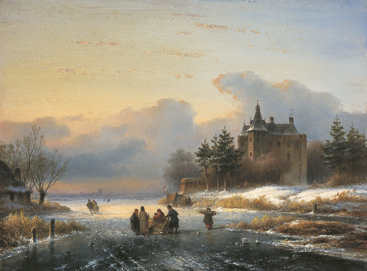 Kleijn L.J.  | Lodewijk Johannes Kleijn, Winter landscape with skaters on the ice by a 'koek en zopie', oil on panel 35.0 x 47.0 cm