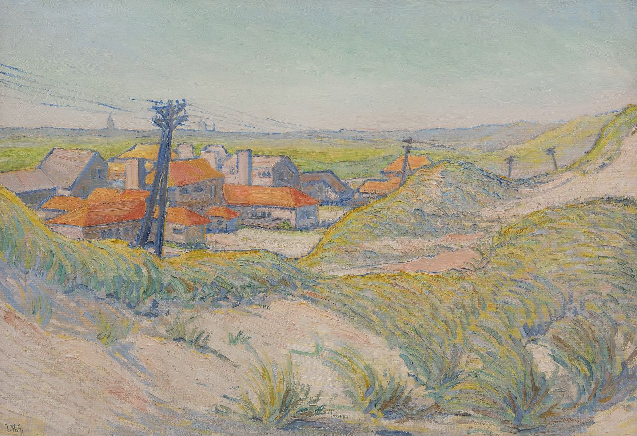 Giesen J.Th.  | Johannes Theodorus 'Jan' Giesen, Houses behind the dunes, oil on canvas 65.0 x 95.2 cm, signed l.l. with initials and on stretcher in full and dated '24 on stretcher