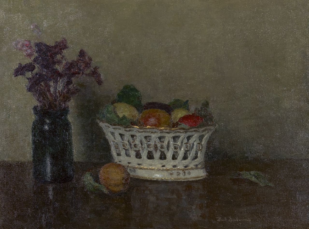 Arntzenius P.  | Paul Arntzenius, Still life of a fruit basket, oil on canvas 45.0 x 60.0 cm, signed l.r. and dated on stretcher 1955