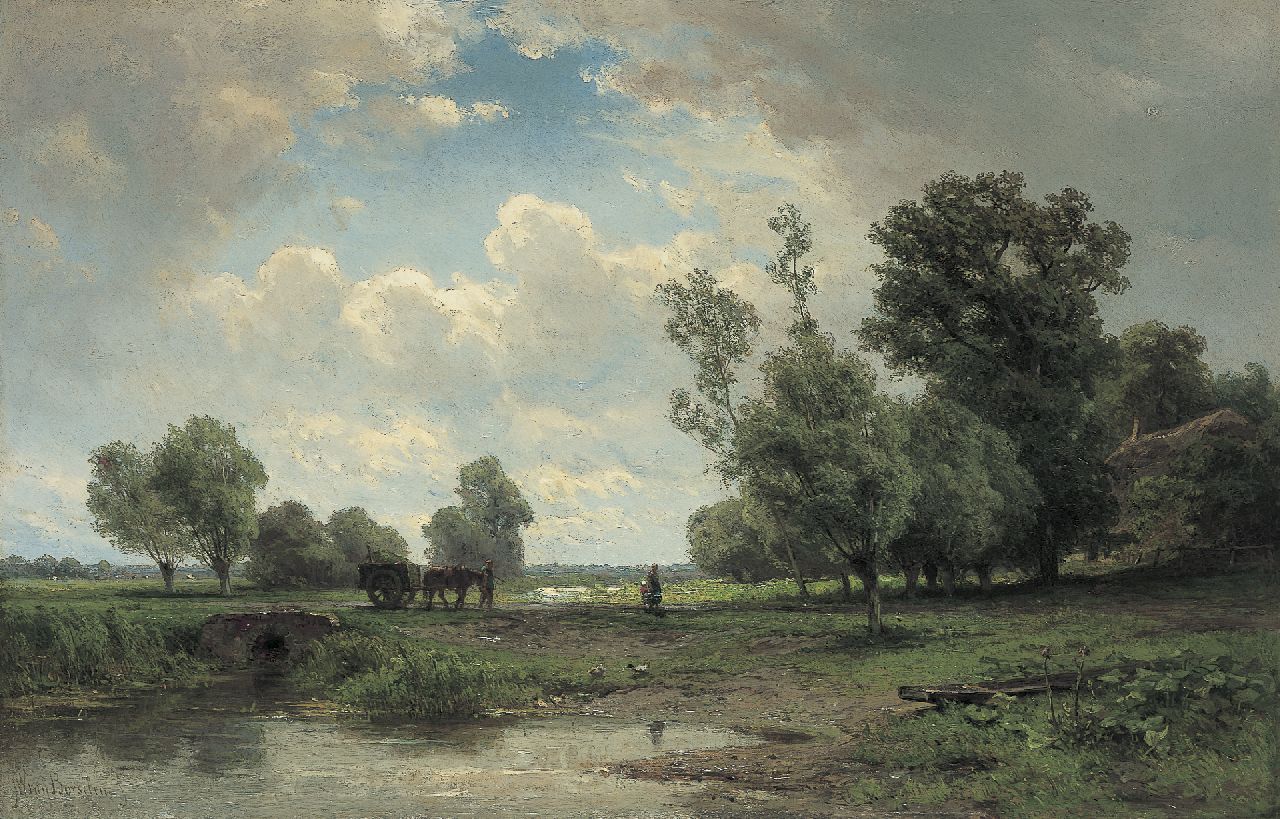 Borselen J.W. van | Jan Willem van Borselen, A meadow with farmers and a horse drawn cart, oil on canvas 46.2 x 70.9 cm, signed l.l.