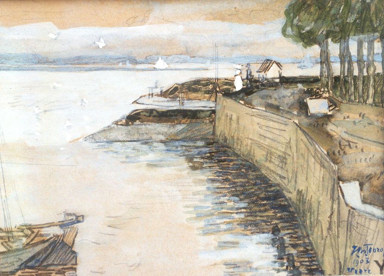 Toorop J.Th.  | Johannes Theodorus 'Jan' Toorop, The quay of Veere, chalk and watercolour on paper 10.5 x 14.5 cm, signed l.r. and dated Veere 1903
