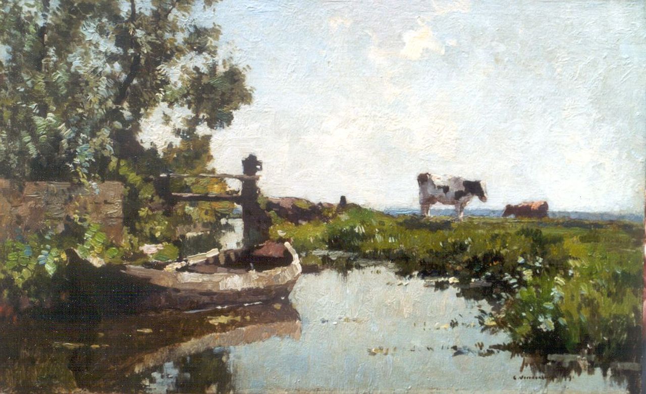 Vreedenburgh C.  | Cornelis Vreedenburgh, A polder landscape with cows, oil on panel 23.0 x 37.2 cm, signed l.r.