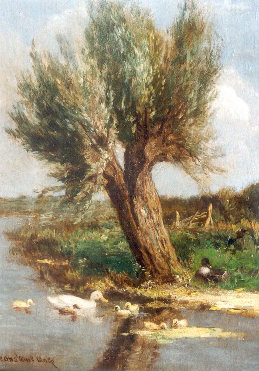 Artz C.D.L.  | 'Constant' David Ludovic Artz, A duck with her ducklings near a willow, oil on panel 23.9 x 18.0 cm, signed signed l.l.