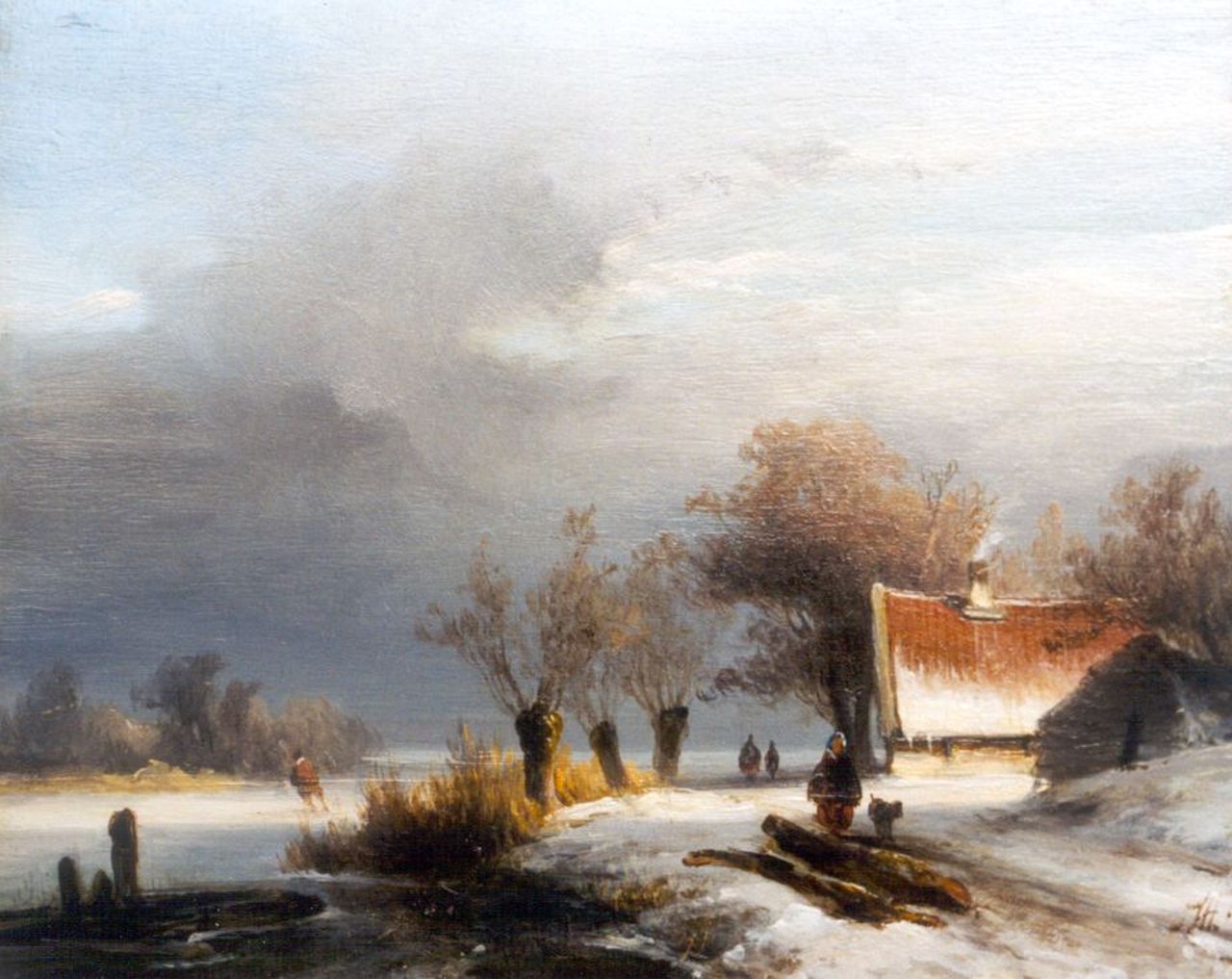 Hoppenbrouwers J.F.  | Johannes Franciscus Hoppenbrouwers, A skater on a frozen waterway, oil on panel 16.0 x 19.5 cm, signed l.r. with monogram