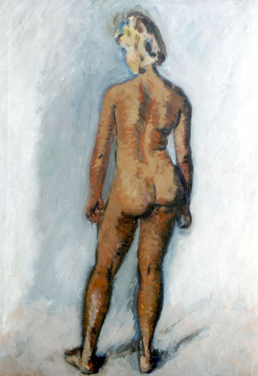 Wiegers J.  | Jan Wiegers, A standing nude 'Truus Trompert', oil on canvas 70.3 x 50.0 cm, signed l.r.