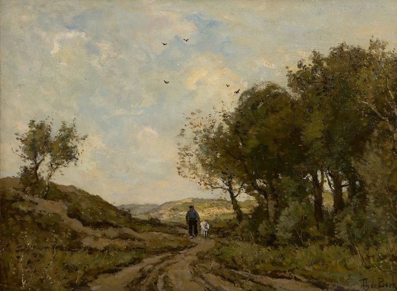Bock T.E.A. de | Théophile Emile Achille de Bock, A goatheard on a path in the dunes, oil on canvas 42.8 x 58.0 cm, signed l.r.