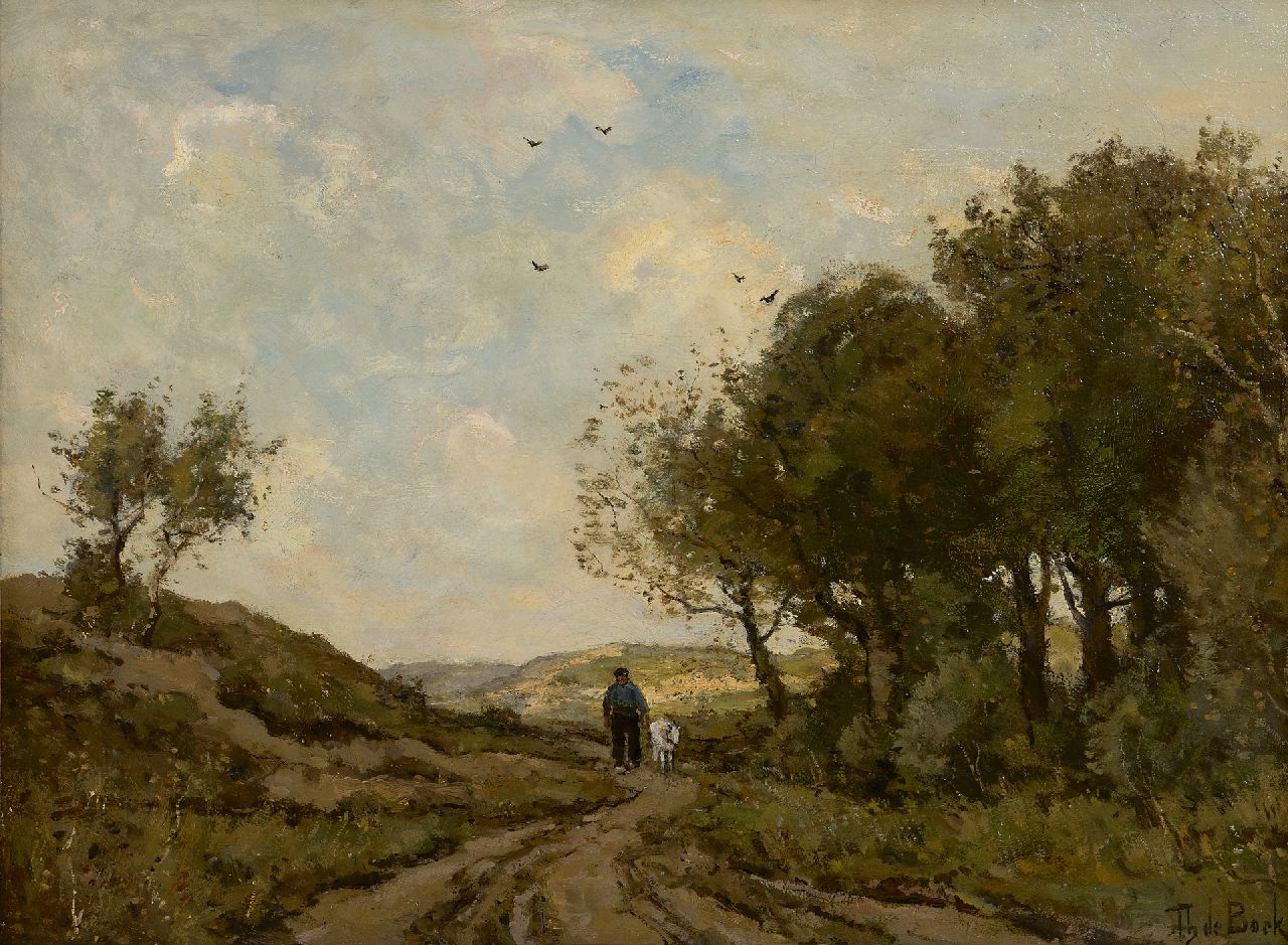 Bock T.E.A. de | Théophile Emile Achille de Bock | Paintings offered for sale | A goatheard on a path in the dunes, oil on canvas 42.8 x 58.0 cm, signed l.r.