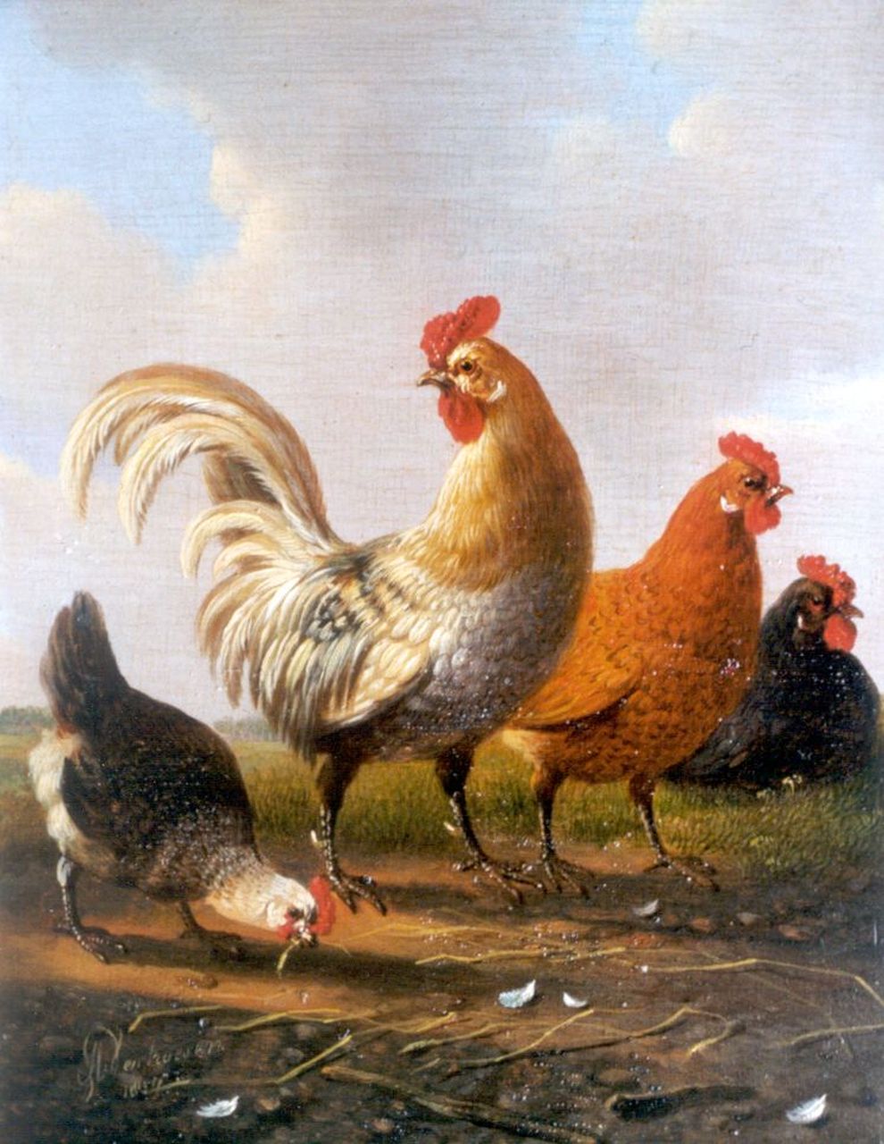Verhoesen A.  | Albertus Verhoesen, A rooster and chickens, oil on panel 18.0 x 14.5 cm, signed l.l. and dated 1857