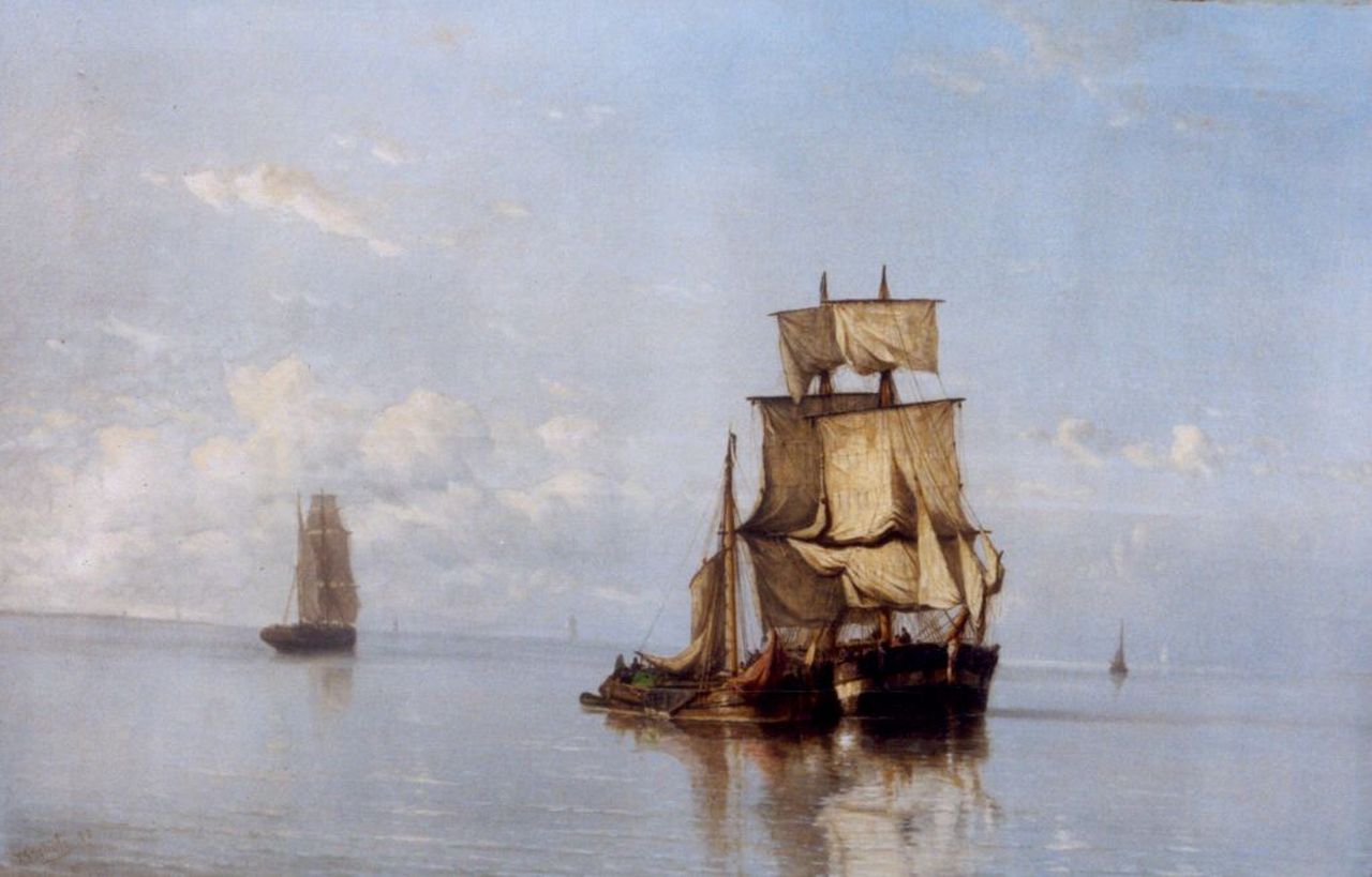 Schütz J.F.  | Jan Frederik Schütz, Shipping in a calm, oil on canvas 70.2 x 104.9 cm, signed l.l. and dated '77