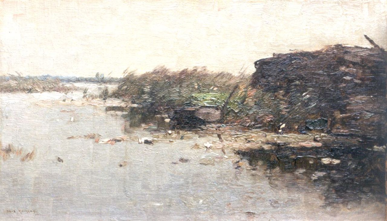 Knikker A.  | Aris Knikker, A barge in a river landscape, oil on canvas laid down on board 23.6 x 39.8 cm, signed l.l.