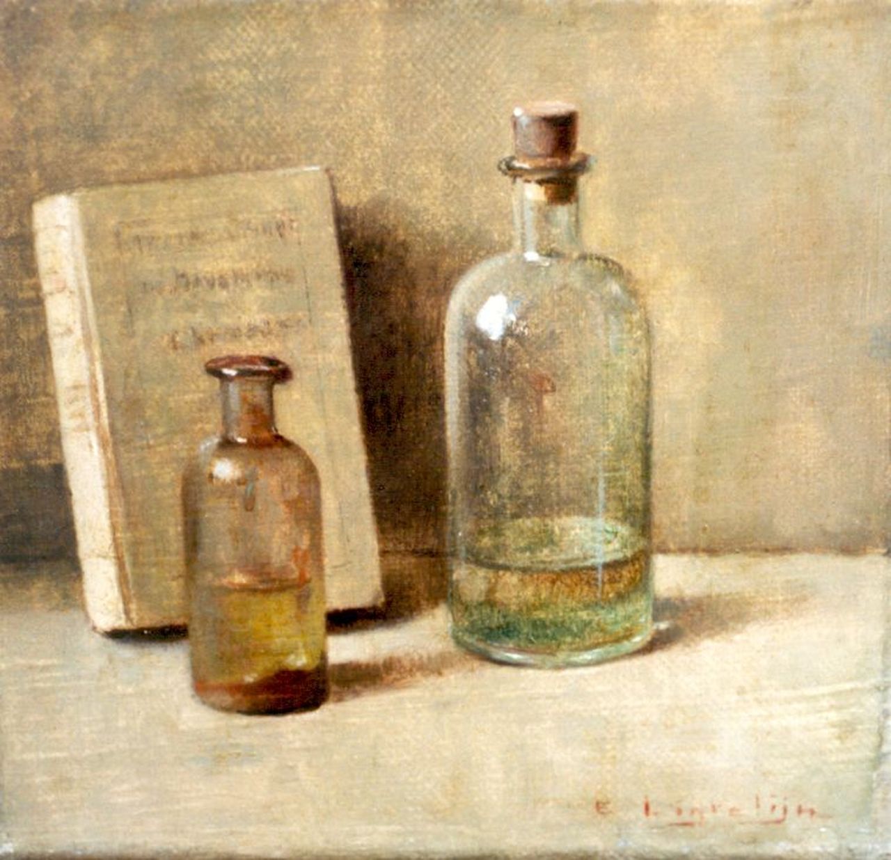 Ligtelijn E.J.  | Evert Jan Ligtelijn, Still life with dispensing-bottles, oil on canvas 14.3 x 14.8 cm, signed l.r.