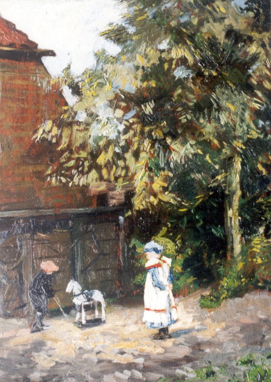 Bergh P.A. van den | Pieter Annanius 'Piet' van den Bergh, Children playing on a yard, oil on panel 42.1 x 30.7 cm, signed l.l.