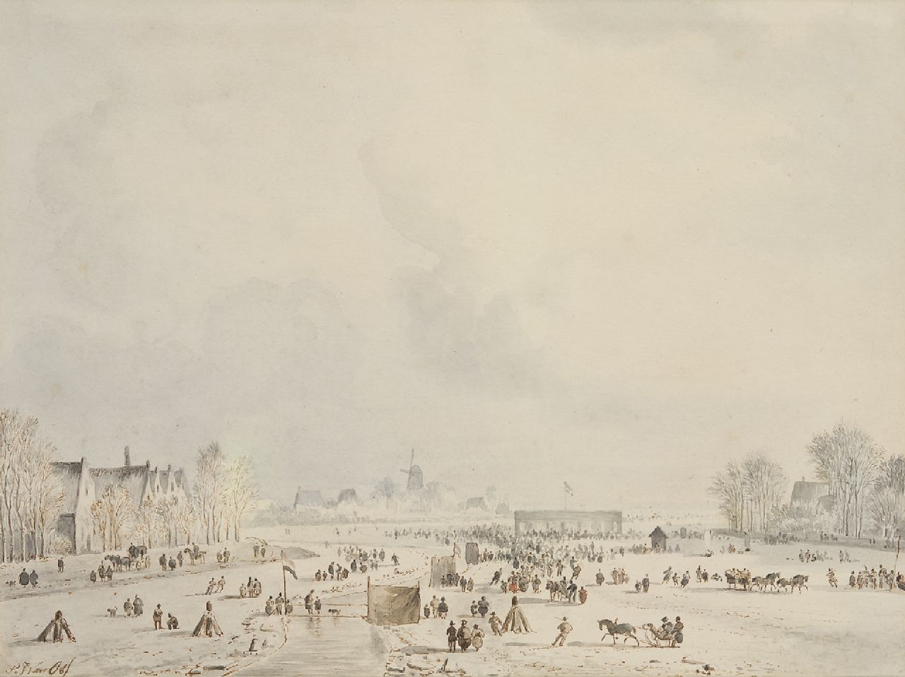 Os P.F. van | Pieter Frederik van Os | Watercolours and drawings offered for sale | Winter amusement, brown ink and watercolour on paper 21.0 x 28.5 cm, signed l.l.