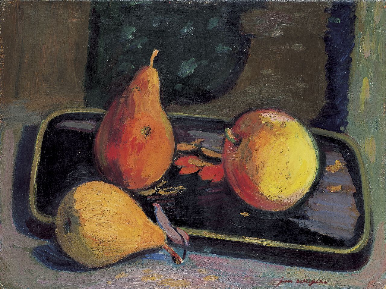 Wiegers J.  | Jan Wiegers, A still life with pears and a apple, oil on canvas 30.2 x 40.0 cm, signed l.r.