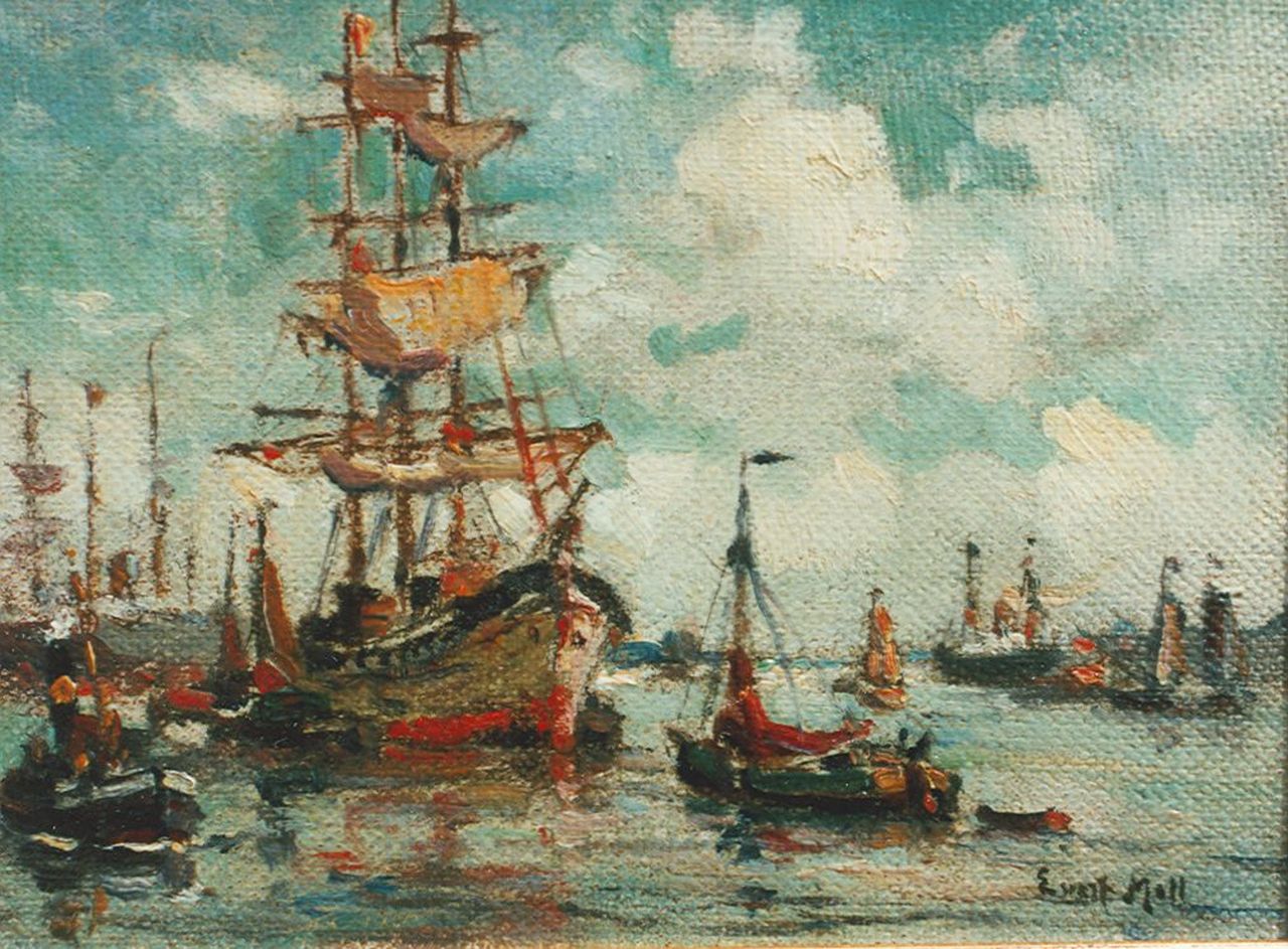 Moll E.  | Evert Moll, Three-master in the harbour of Rotterdam, oil on canvas laid down on panel 10.5 x 13.4 cm, signed l.r.